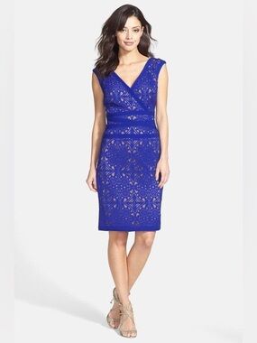 Laser-Cut Neoprene V-Neck Dress in Blue by Tadashi Shoji NWTs Sz L Petite